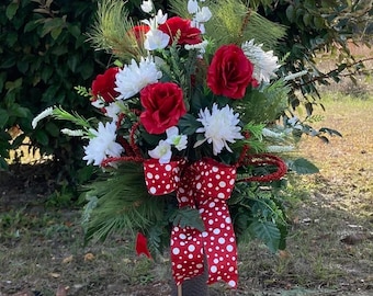 Deluxe Red and Winter Cemetery Vase Flower, Valentines Day Cemetery Flowers, Cemetery Styrofoam Vase Insert, Graveside Flowers