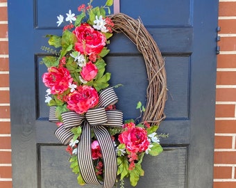 Pink Large Rustic Wreath for Front Door, Oval Grapevine Wreath Flowers, Everyday Wreath for front door, Rustic porch decor, Year long wreath