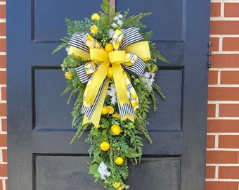 Large Lemon Swag Wreath for Front Door, Spring Swag, Mother’s Day gift ideas, Sunflower decor, summertime porch decor, Rustic Swag