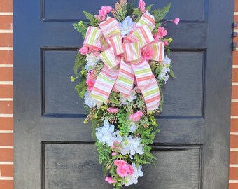 Large Pink and White Hydrangea Spring Swag Wreath for Front Door, Mother’s Day gift ideas, Everyday porch decor