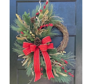 Realistic Outdoor Christmas Winter Grapevine Wreath for Front Door with Pinecones and red and gold accents, Winter Porch Home Decoration