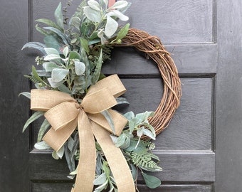 Year Round Wreath for Front Door with Lambs Ear and Burlap bow, Farmhouse Eucalyptus Greenery Outdoor Wreath for Everyday