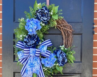 Large Rustic Blue Hydrangea and Peony Floral Wreath for Front Door,  Grapevine Wreath Blue Flowers, Everyday Wreath for front door