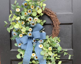 Large Spring and Summer Blue Wreath for Front Door, Large Whimsical porch decoration for Mother's Day