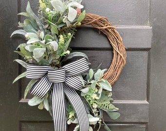 Year Round Wreath for Front Door with Lambs Ear and Eucalyptus, Outdoor Greenery Modern Farmhouse Wreath for Everyday