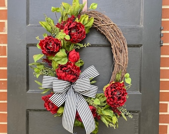 Large Rustic Red Farmhouse Wreath for Front Porch Door, Oval Grapevine Wreath Red Flowers, Everyday Wreath for front door, Year long wreath