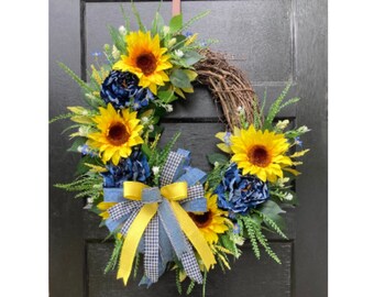 Large Blue and Yellow Rustic Grapevine Wreath for front door, Summer wreath, Spring decor for porch, Sunflower wreath, Rustic Wreath