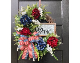 Large Patriotic Wreath with Home Sign, Rustic Outdoor American Flag porch decoration for Everyday