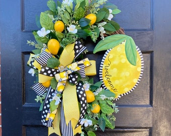 Large Spring and Summer Lemon Welcome Grapevine Wreath for Outdoor Front Door, Faux Lemon Fruit Porch decoration