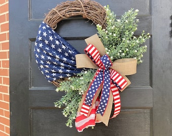 Patriotic wreath, Large Everyday wreath for Front Door, 4th of July Wreath, Front porch decor, American flag decor, Military family decor
