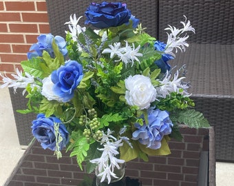 Blue Father's Day Cemetery Cone Arrangement for Dad, Graveside flowers for Him, Remembrance Flowers, Funeral Flowers, Memorial Flowers