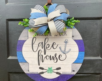 Everyday Lake House Door Hanger for Front Porch, Nautical Coastal Beach Anchor wreath, Christmas Gift ideas for Summer
