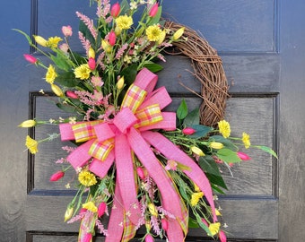 Large Spring and Summer Gerber Daisy Wreath for Front Door, Bright Colorful Realistic front porch decor