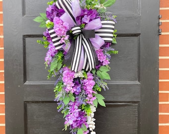 Elegant Spring and Summer Teardrop Swag Wreath for front door, Purple Outdoor Wreath with Purple florals and hydrangeas, Mother's Day gift