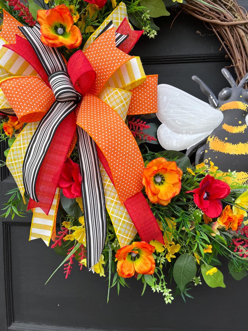 Large Floral Bumble Bee Wreath With Colorful Flowers for Front Door ...