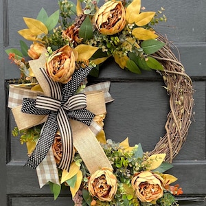 Rustic Fall Wreath, Everyday Grapevine Wreath, Neutral Front Door Decor, Year Round Wreath with Burlap Bow, Autumn Peony Wreath