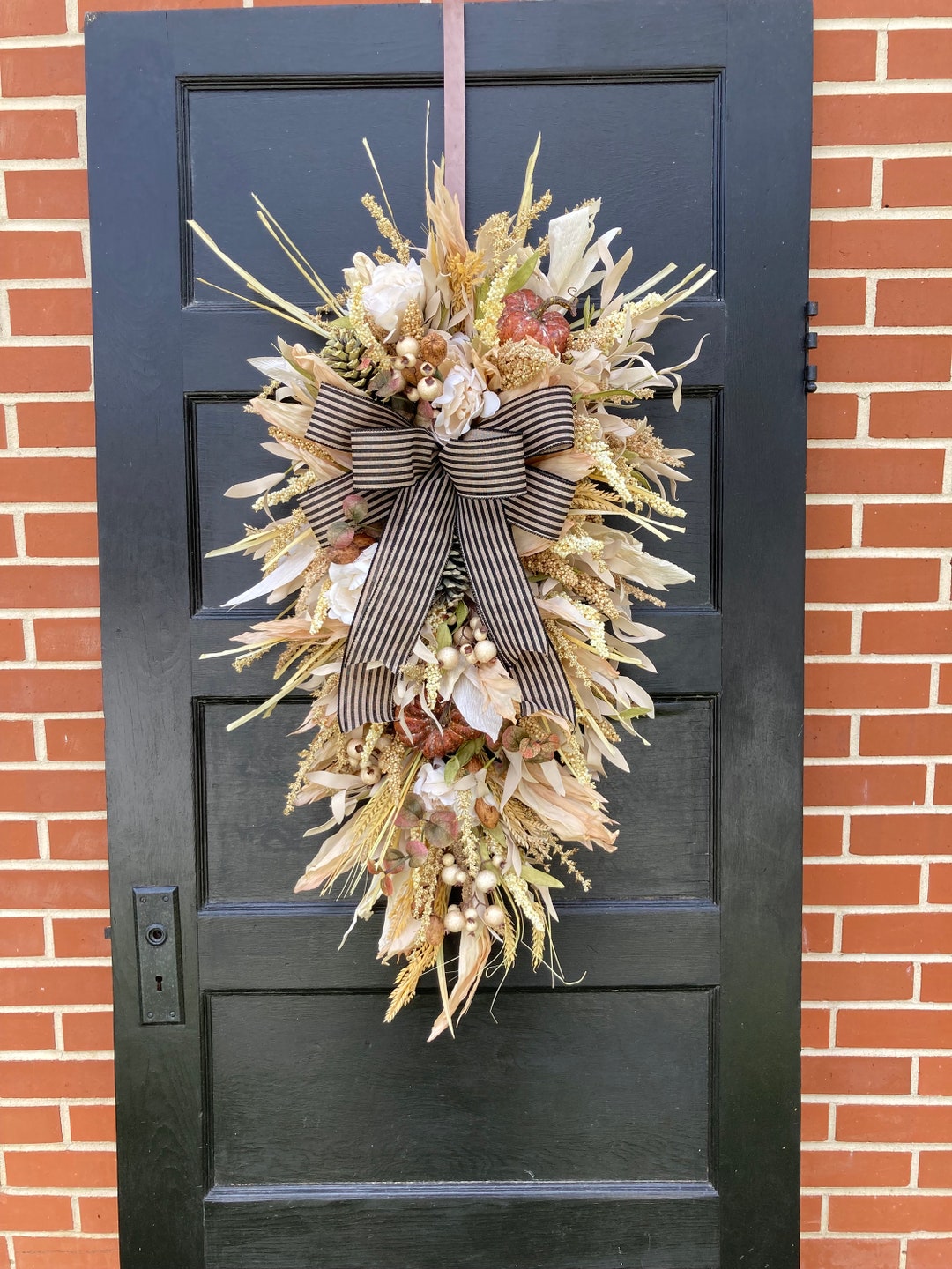 Large Fall Grapevine Swag Wreath for Front Door With Pumpkins and Corn