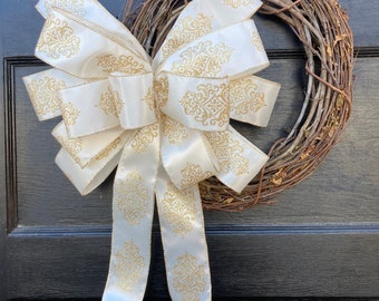 Gold Elegant Christmas Tree Topper or Wreath Bow, Wedding Bow for church pew, Bow for Wedding, Wedding Wreath bow, Gold and Cream Luxe bow