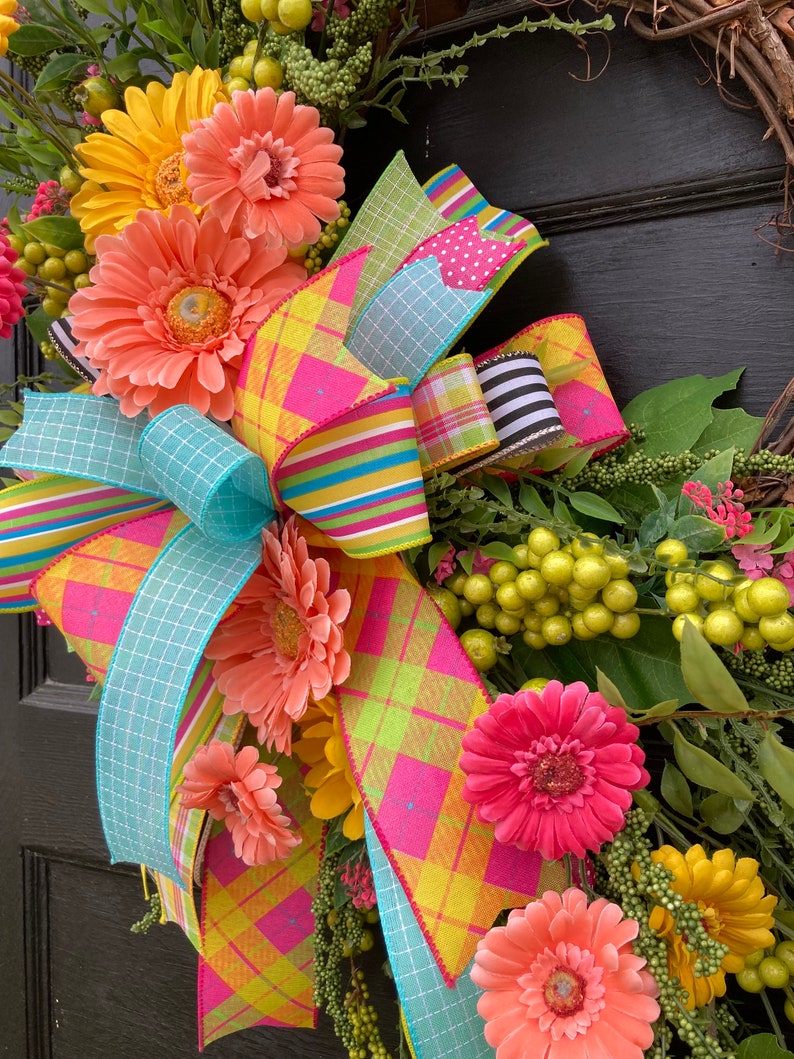 Large Spring and Summer Orange and Hot Pink Wreath for Front Door, Bright Colorful Realistic front porch decor, Mother's Day gift for home image 2