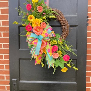 Large Spring and Summer Orange and Hot Pink Wreath for Front Door, Bright Colorful Realistic front porch decor, Mother's Day gift for home image 4