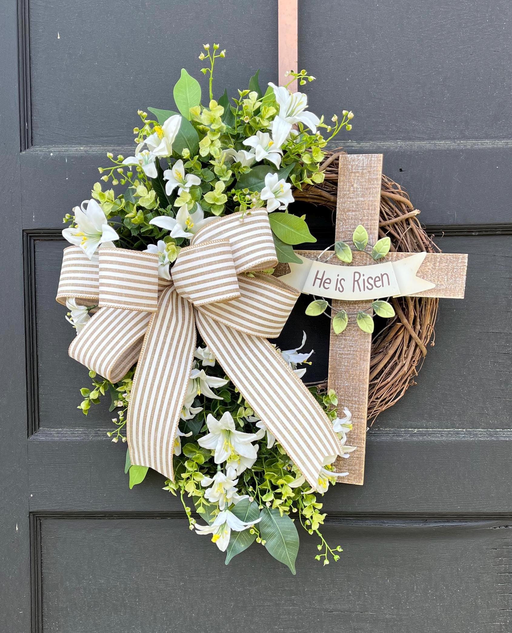 He is Risen Religious Easter Wreath With Cross, Christian Cross