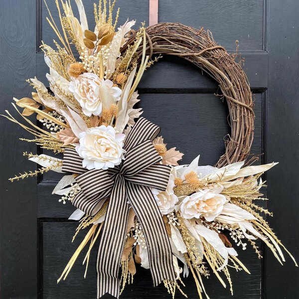 Large Fall Grapevine Wreath for Front Door with Pumpkins and corn husks, Autumn Porch decor, Natural Looking Grapevine for Outdoors