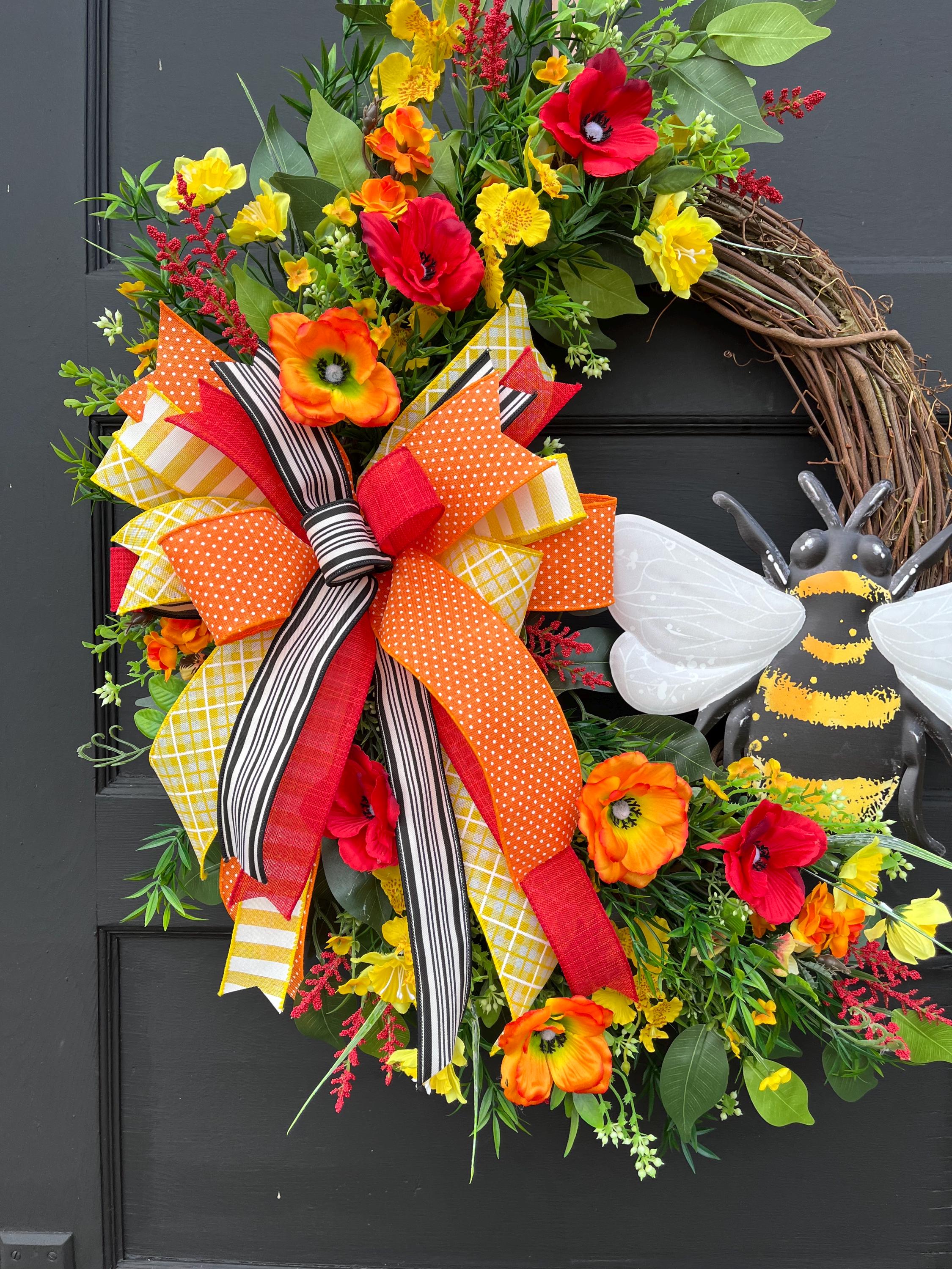 Large Floral Bumble Bee Wreath With Colorful Flowers for Front Door ...