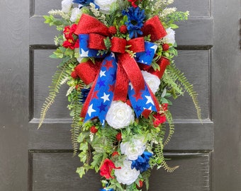 Large Patriotic Swag for front door, Red White and Blue wreath, Summer outdoor decor