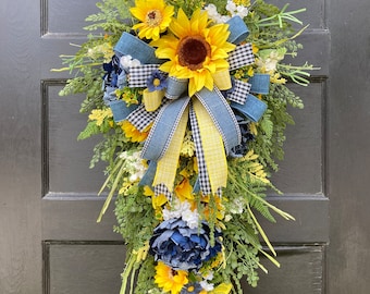 Large Blue and Yellow Sunflower Spring and Summer Swag for Front Door, Everyday Outdoor Swag, Mother’s Day gift ideas, Summertime Swag