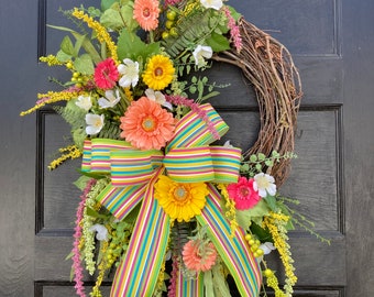 Large Spring and Summer Gerber Daisy Wreath for Front Door, Bright Colorful Realistic front porch decor