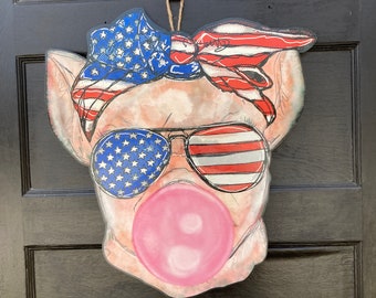 Large Outdoor Patriotic Pig Door Hanger for Front Door, Patriotic Summertime Pig Porch Decoration, Teach Gift Ideas for Classroom