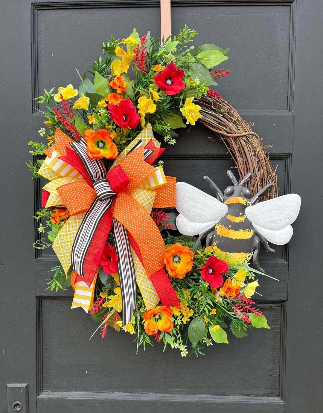 Large Floral Bumble Bee Wreath With Colorful Flowers for Front Door ...