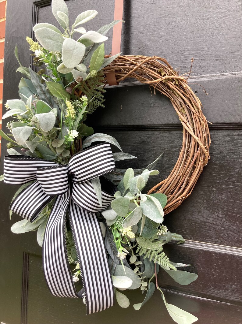 Year Round Wreath for Front Door with Lambs Ear and Eucalyptus, Outdoor Greenery Modern Farmhouse Wreath for Everyday image 9