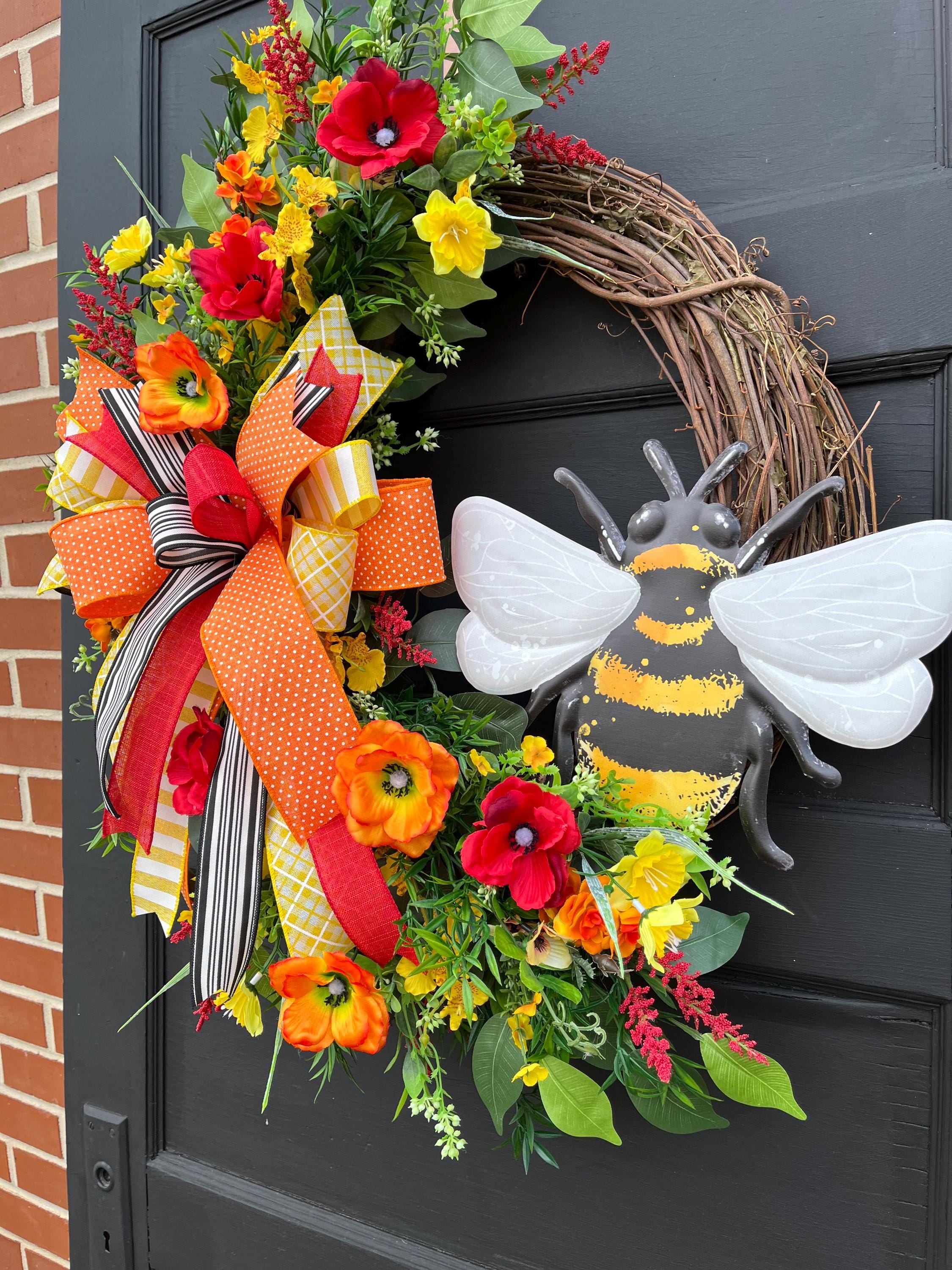 Large Floral Bumble Bee Wreath With Colorful Flowers for Front Door ...