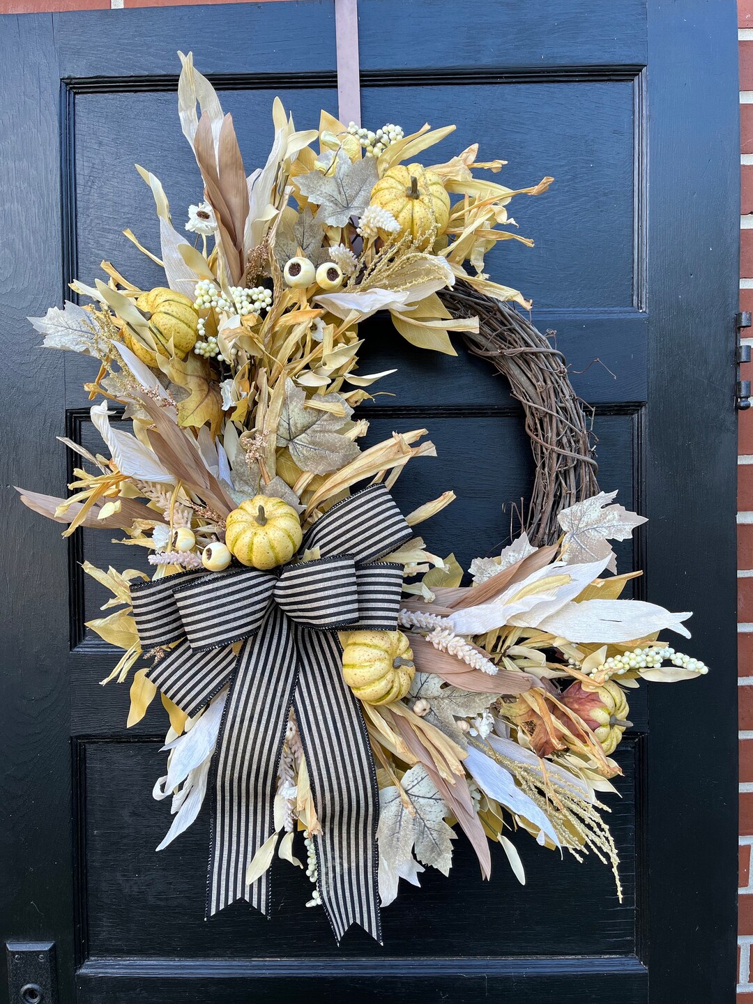 Large Fall Grapevine Wreath for Front Door With Pumpkins and Corn Husks ...