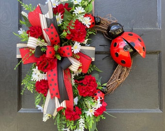 Rustic Floral Red and Black Ladybug Wreath for Front Door with geraniums, Ladybug Spring Summer Porch Decor, Mother's Day Gift