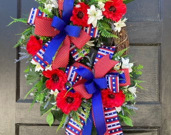 Large Patriotic Red White and Blue Wreath for Front Door, 4th of July American Porch Home Decoration for Summer, Military Family Gift