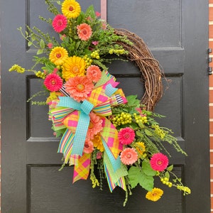 Large Spring and Summer Orange and Hot Pink Wreath for Front Door, Bright Colorful Realistic front porch decor, Mother's Day gift for home image 1