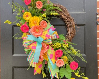 Large Spring and Summer Orange and Hot Pink Wreath for Front Door, Bright Colorful Realistic front porch decor, Mother's Day gift for home