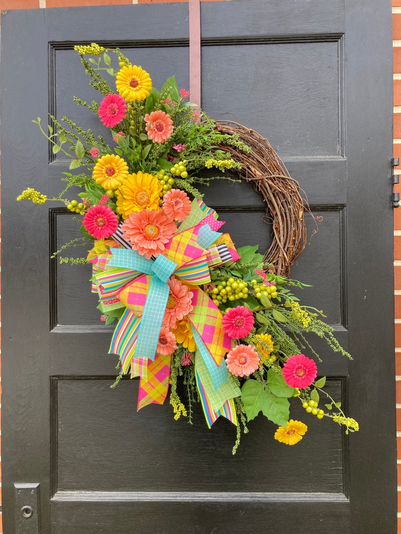 Large Spring and Summer Orange and Hot Pink Wreath for Front Door, Bright Colorful Realistic front porch decor, Mother's Day gift for home image 1