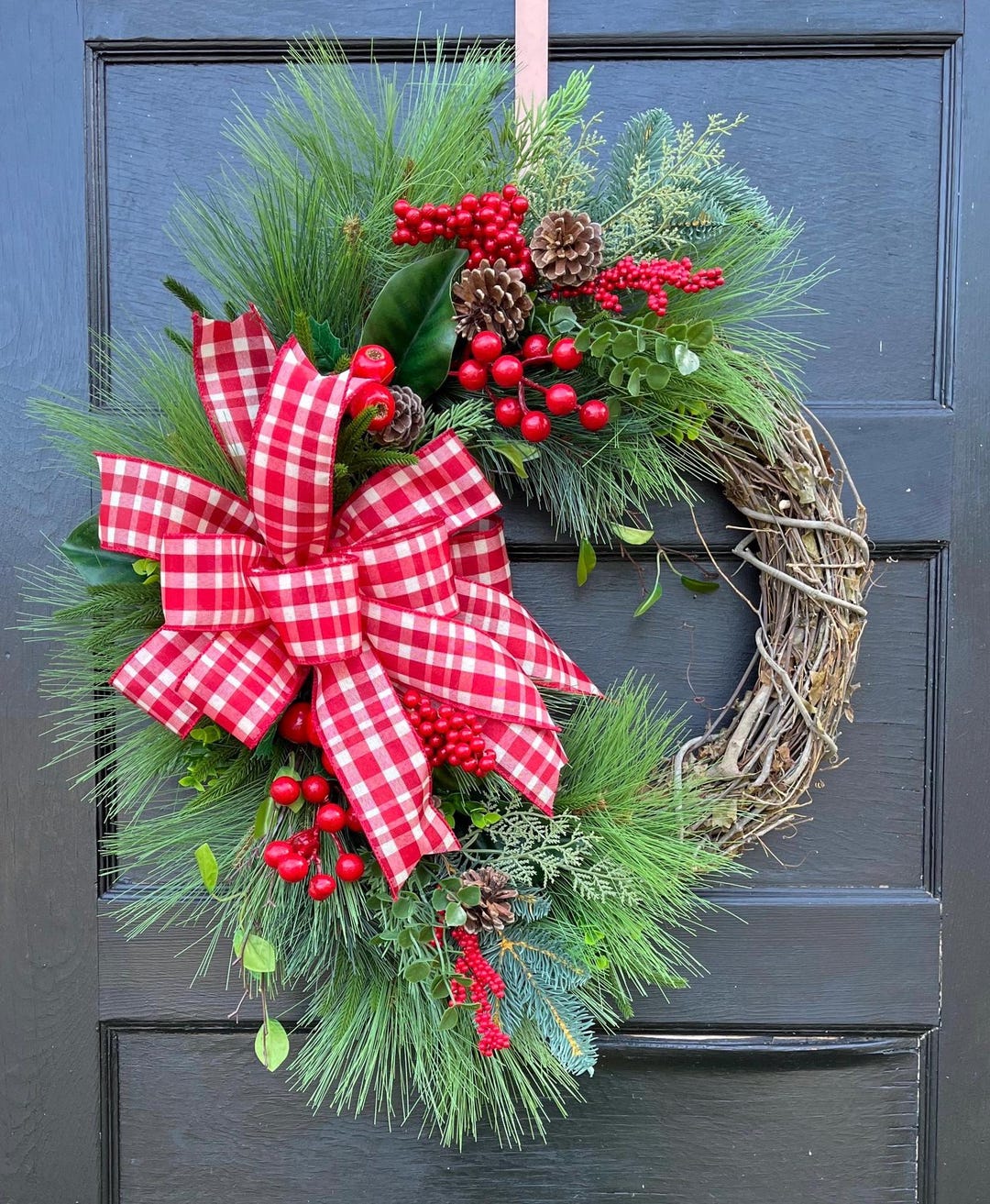 Rustic Farmhouse Christmas Winter Pine Wreath With Large Plaid Bow and ...