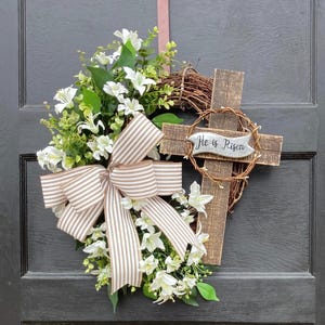 He is Risen Religious Easter Wreath with Cross, Easter Cross Wreath, Easter door wreath for front door, Happy Easter door decor