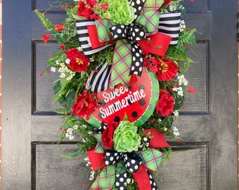 Large Watermelon Wreath Swag for Front Door for Summer, Mother’s Day gift ideas, Red and Greenery Swag, Rustic Swag, Summertime Swag