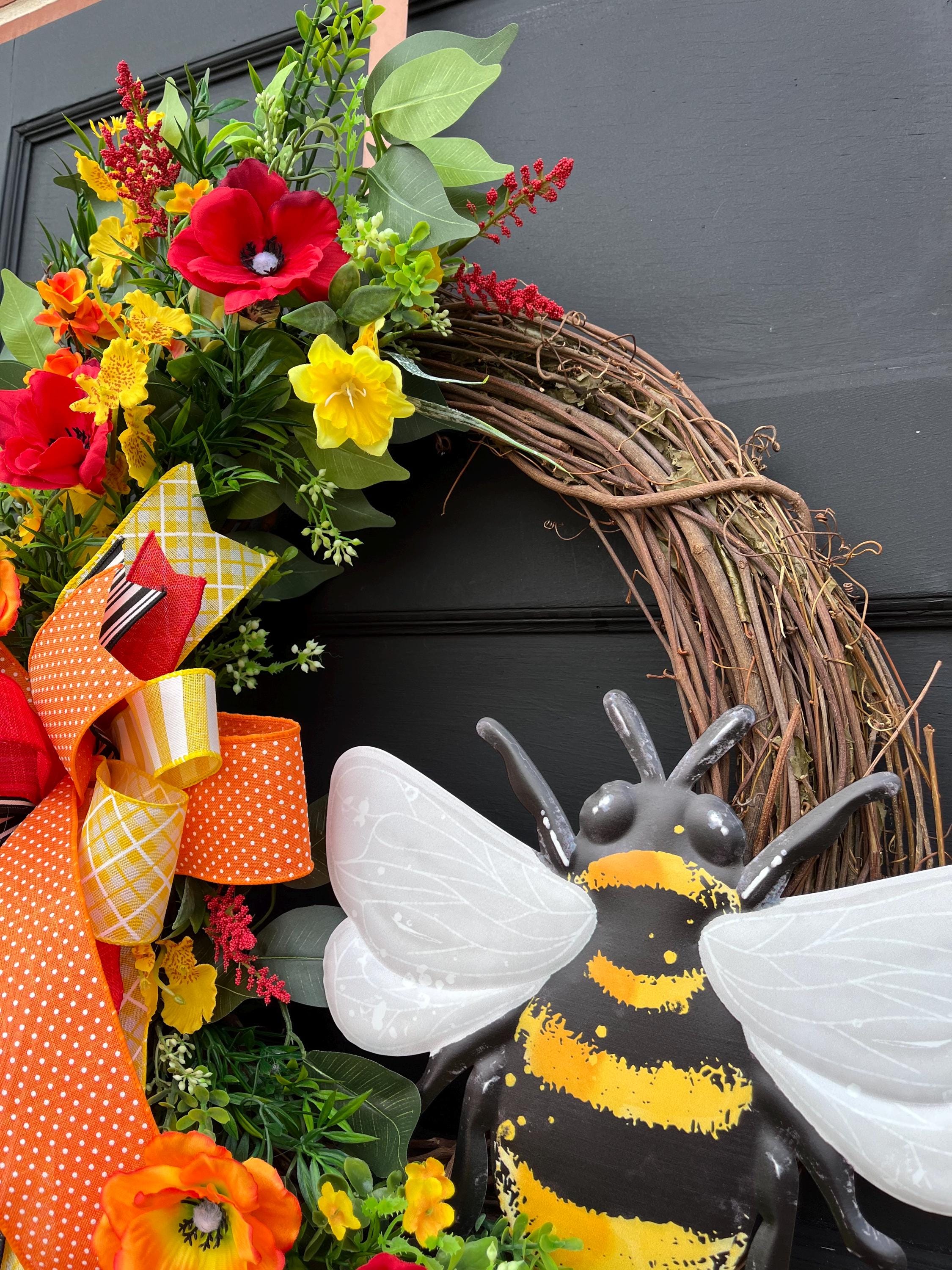 Large Floral Bumble Bee Wreath With Colorful Flowers for Front Door ...
