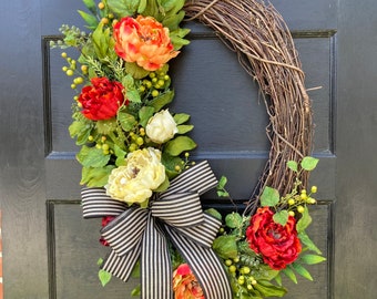 Large Rustic Wreath for Front Door, Oval Grapevine Wreath Cream Flowers, Everyday Wreath for front door, Rustic porch decor, Year long