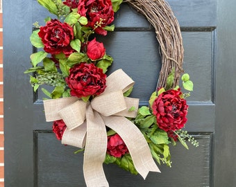 Large Rustic Red Farmhouse Wreath for Front Porch Door, Oval Grapevine Wreath Red Flowers, Everyday Wreath for front door, Year long wreath