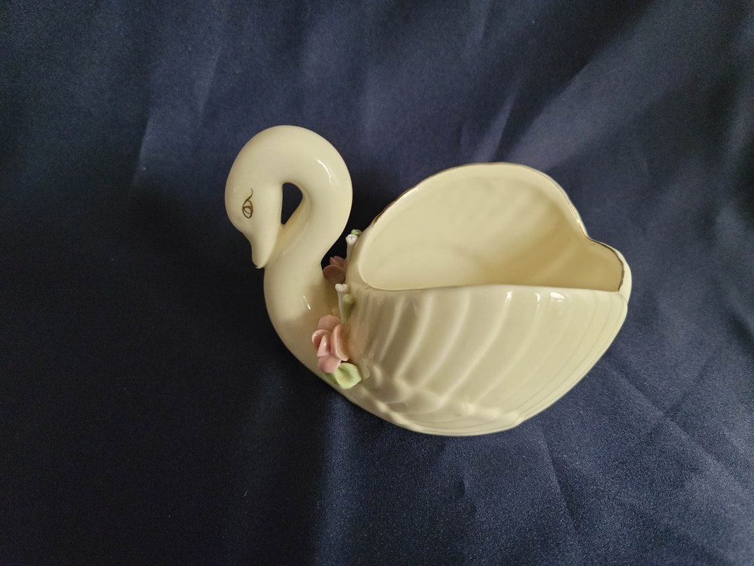 Vintage Porcelain Swan Figurine Planter White With Gold Trim Etsy