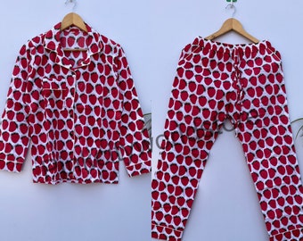 Handmade Cotton Pajama Set: Strawberry Print Lounge Wear