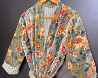 Ręcznie robiony szlafrok kimono z bawełnianego aksamitu: szlafrok ślubny z kwiatowym nadrukiem