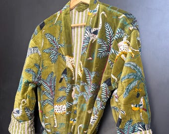 Zielony aksamitny szlafrok kimono, dwustronny płaszcz bawełniany, szlafrok z nadrukiem zwierzęcym